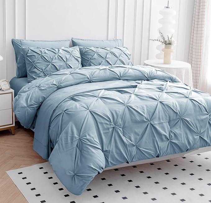 LANE LINEN Bedding Comforter Set Full Size, 7 Piece Full Size Bed in a Bag Set, Soft Bedding Sets Full Size, Pintuck Full Bed Set, Full Comforter Sets with Sheets, Pillowcases & Shams - French Blue