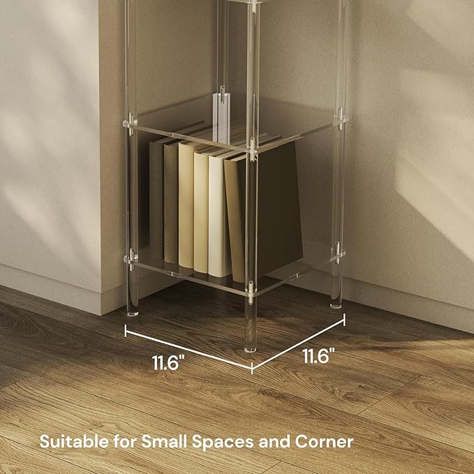 6 Tier Square Acrylic Bookshelf, Small Bookcase with Acrylic Fittings for Fixing to Wall, Corner Display Shelf for Living Room, Bedroom, Bathroom, Small Spaces, Clear, 11.6'' W x 53.9'' H