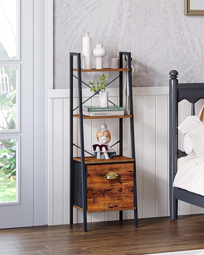 Narrow Bookshelf Bookcase with Drawer, Ladder Shelf with 2 Hooks, Bookshelves Storage Organizer, Freestanding Display Standing for Home Office, Bedroom, 4 Tier Rustic Brown BC19401B