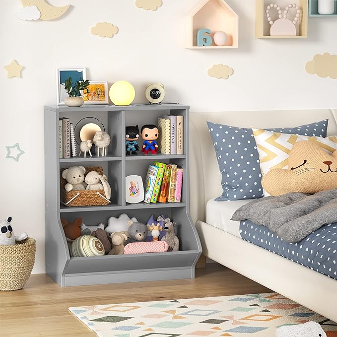 Aheaplus Toy Storage Organizer with Bookcase, 3 Cubby Bookshelf Toy Storage Cabinet, Open Multi-Bins Toys&Books Storage Display Organizer for Playroom, Bedroom, Nursery, School, Grey