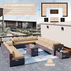 Kullavik 15 Pieces Outdoor Patio Furniture Set with 43" 55000BTU Gas Propane Fire Pit Table PE Wicker Rattan Sectional Sofa Patio Conversation Sets,Khaki
