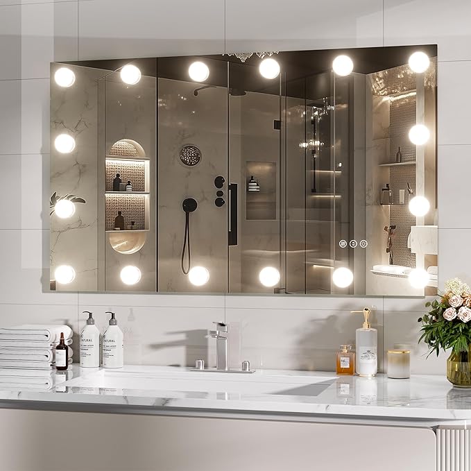 Hasipu LED Bathroom Mirror with Lights, 40" x 24" Hollywood Wall-Mounted Bathroom Mirror with 16 Dimmable Bulbs, 3 Colors Modes, Touch Control, Anti-Fog, Memory Function, Shatter-Proof, ETL Listed