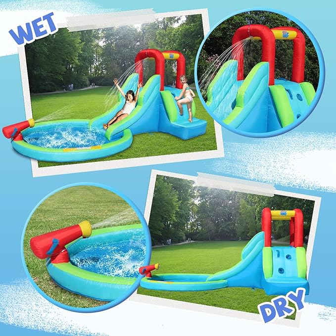 Action Air Inflatable Waterslide, Bounce House with Slide for Wet and Dry, Kids Backyard Waterpark for Summer Fun, Water Gun & Splash Pool for Age 3-8, Love for Kids