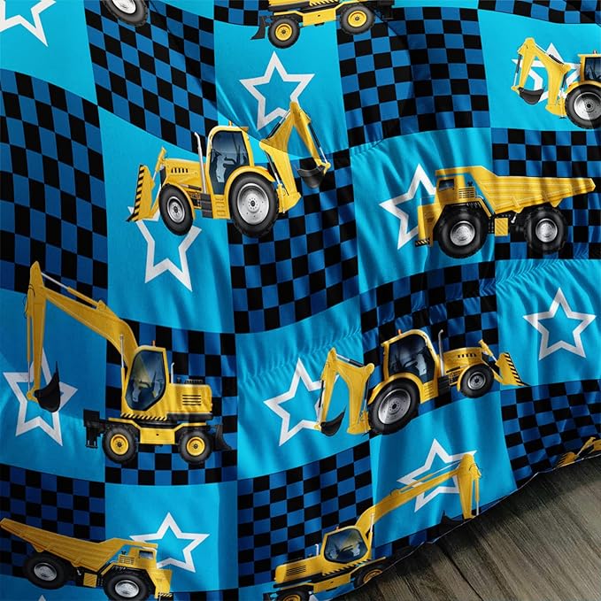 Axolotl Excavator Comforter Set Queen Size,Blue Plaid Comforter Set with Star,Excavator Bedding Set for Kids Boys Teens,Construction Vehicle Comforter Set for Boys,1 Quilt 2 Pillowcases