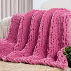 Carriediosa Chunky Knit Throw Blanket 60" X 80" Twin, 100% Hand Made Large Chenille Loop Yarn Soft Fluffy Throws for Couch Sofa Bed, Big Crochet Cozy Heavy Thick Cable Woven Blankets, Hot Pink