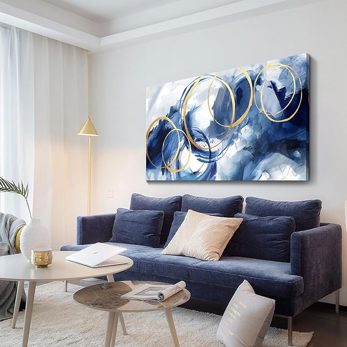 AJAZIKO Abstract Wall Art Blue Modern Art Wall Decor Artwork For Walls Living Room Huge Wall Canvas Office Pictures For Wall Navy Gold Contempor Decorations For Bedroom Size 24x48in