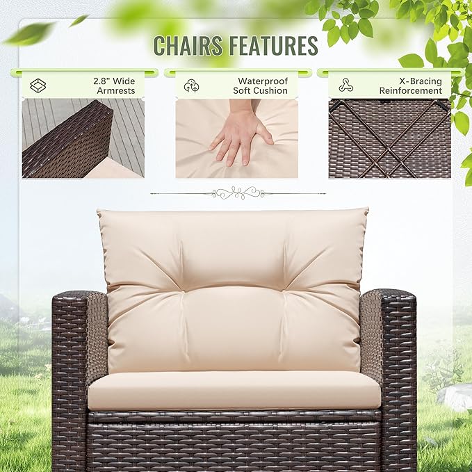 Greesum 3 Pieces Patio Furniture Sets Outdoor PE Rattan Wicker Chairs with Soft Cushion and Glass Coffee Table for Garden Backyard Porch Poolside, Beige
