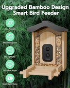 Bird Feeder with Camera, Smart Bird Feeder for Outdoors, Wild Birds Feeders with Solar Panel Bamboo Birds House Camera for Birdlovers, AI Auto Capture Birds & Real-time Notification (Gable)