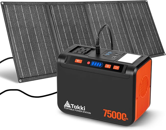 Takki Solar Generator 277Wh Portable Power Station with Solar Panels 40W Included 450W Peak 110V Pure Sine Wave AC Outlet DC USB Ports for Camping CPAP Emergency Tent Outdoor