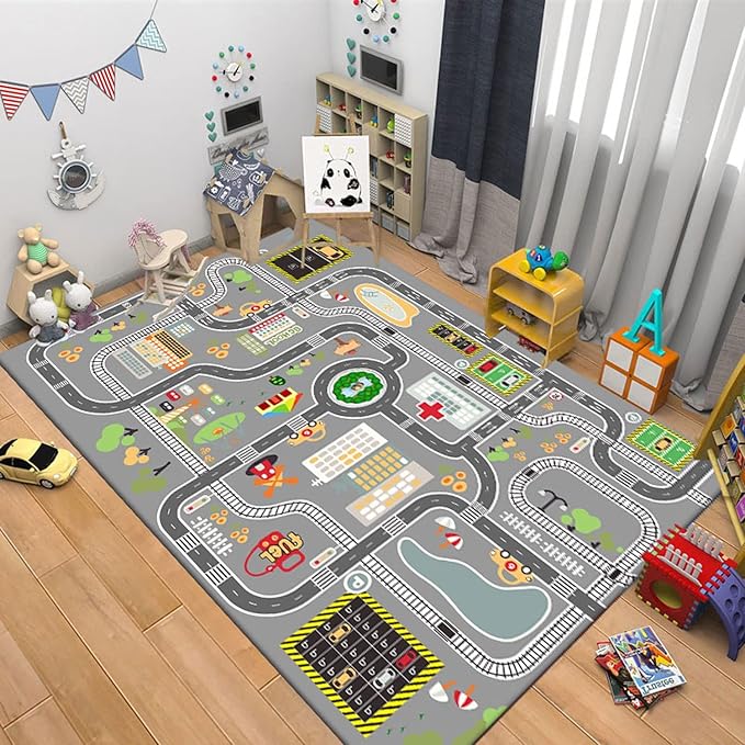Kids Rug Play Mat Great for Playing with Cars and Toys,Educational Kid Road and Traffic City Life Carpet,Children Baby Fun Throw Rug for Bedroom Play Room,63X91Inch/160X230CM