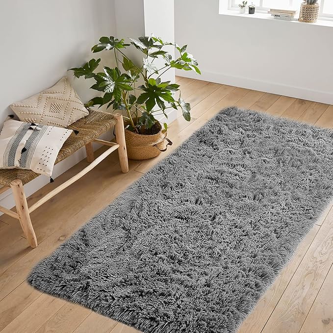 YOBATH Fluffy Soft Shaggy Area Rugs 3x5 Feet, Indoor Modern Fuzzy Plush Carpet Rugs for Living Room Bedroom Kids Room Nursery Home Decor, Anti-Slip Rectangle Bedside Shag Rugs, Grey