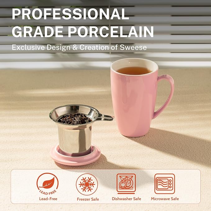 Sweese 15 OZ Porcelain Tea Mug with Infuser and Lid, Loose Leaf Tea Cup, Gifts for Tea Lover, Pink