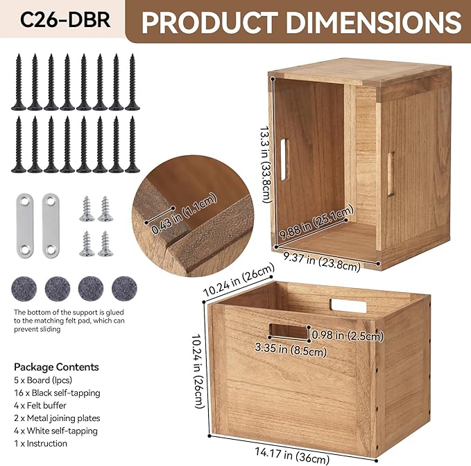 KIRIGEN Stackable Wood Storage Cube/Basket/Bins Organizer for Home Books Clothes Toy Modular Open Cubby Storage System - Office Cubical Bookcase Closet Shelves C26-DBR