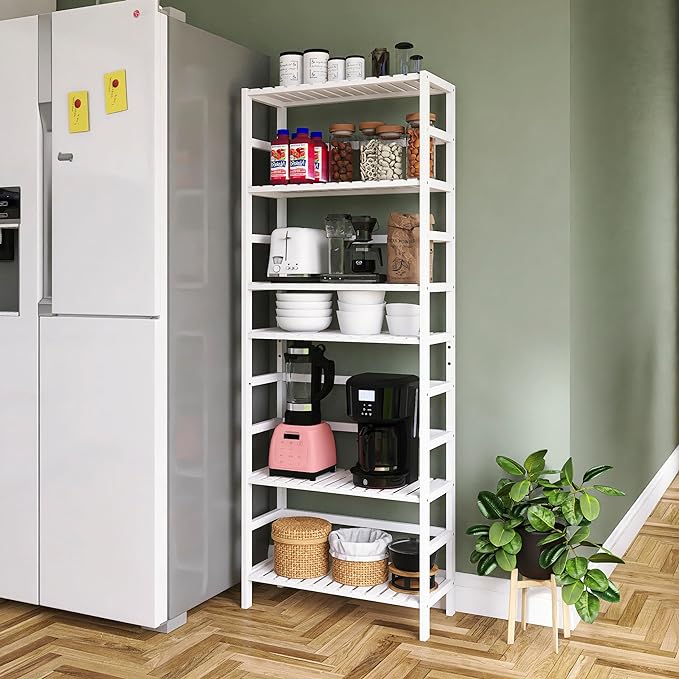 Bookshelf, 6-Tier Tall Bookcase Freestanding Bamboo Book Shelf Bathroom Storage Organizer with Adjustable Shelves, White