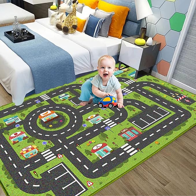 Car Rug Play Mat, Road Rug Carpet for Kids, City Life Educational Road Traffic Carpet for Ages 3-12 Years Old(100×180cm/39×71inch)