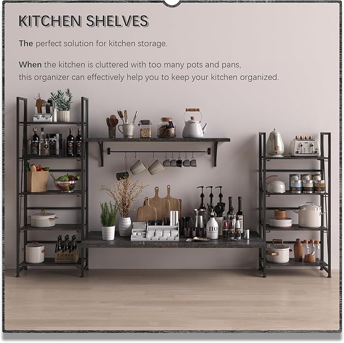 4NM No-Assembly Folding Bookshelf Storage Shelves 5 Tiers Vintage Bookcase Standing Racks Study Organizer Home Office (Gray)