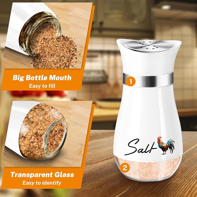 Arrozon Rooster Salt and Pepper Shakers - 4 oz Glass Set, Steel Lids | Rooster Design with Glass Bottoms and Stainless Steel Lids Adds Farmhouse Charm to Kitchen Counters and Makes Refilling Easy.