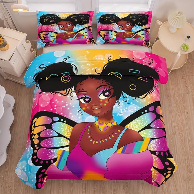 Tailor Shop Fantasy Black Girl Comforter Set Rainbow Butterfly King Size Bedding Sets for Girls Kids Kawaii Magic African American Black Girl Bedding Set with 2 Pillowcase Girls Room Decor