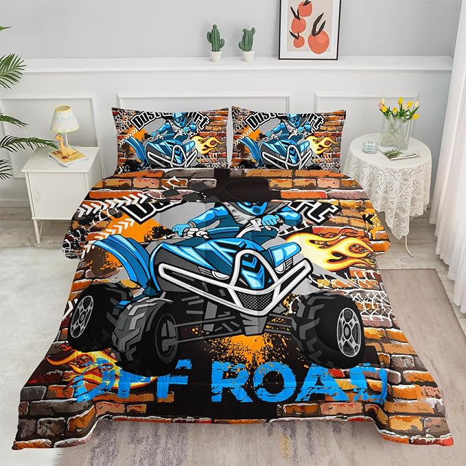 Axolotl Quad Bike Bedding Set Twin,Dirt Bike Comforter Set,Extreme Sports Bedding Set,Sports Theme Comforter Set,Tractor Truck Bedding,Motorcycle Comforter for Kids Boys Teens,1 Quilt 2 Pillowcases