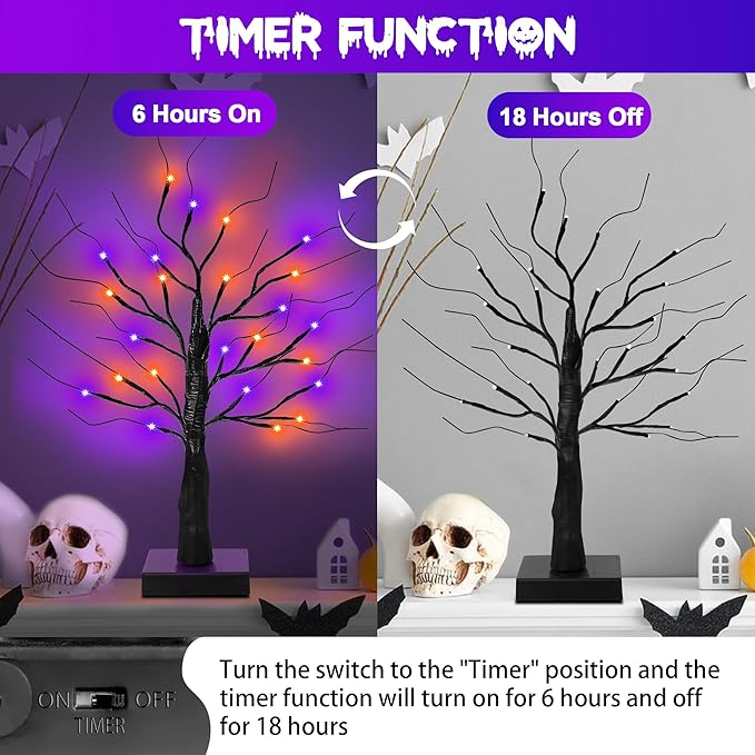 [Timer] 2 Pack 24 Inch Black Halloween Tree with Orange Purple Lights, USB/Battery Operated Light Up Halloween Table Decorations, Spooky Halloween Decorations Indoor Home Mantle Room Party Decor