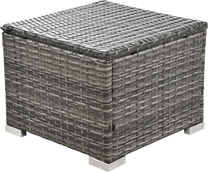 9-Pieces Outdoor Rattan Sectional Sofa Set, Wicker Patio Conversation Furniture with L-shape Couch&Storage Ottomans, Acacia Wood Coffee Table, for Garden Yard, Grey Wicker&Grey Cushion