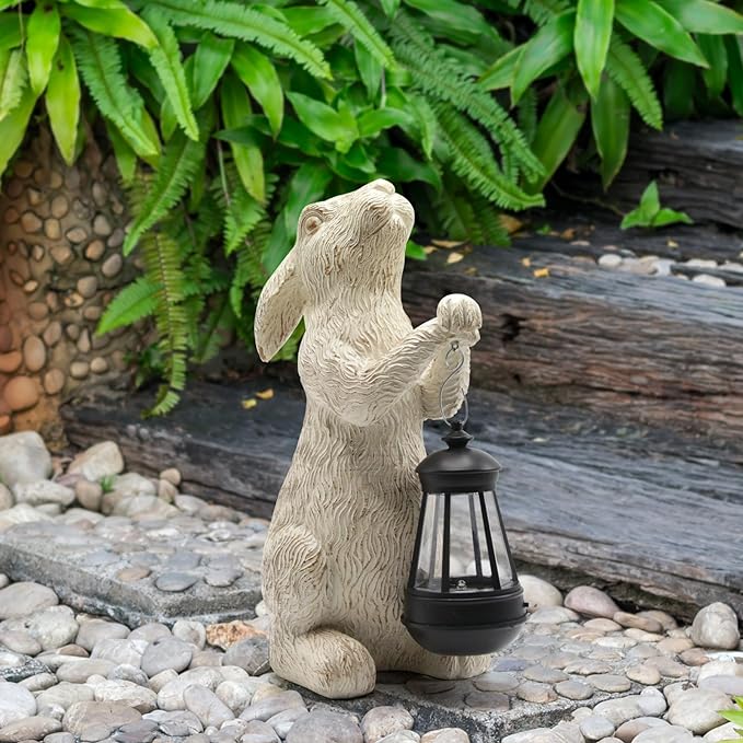 Garden Statues Rabbit with Solar Lights-Bunny Figurine Halloween Decorations Outdoor Rabbit Decor for Lawn,Balcony-Yard Art Garden&Patio Decor,Unique Housewarming&Birthday Gifts for Women Mom