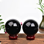 JIC Gem Small Black Obsidian Sphere Crystal Ball with Wooden Stand for Fengshui Healing Meditation Decoration (60-70mm)