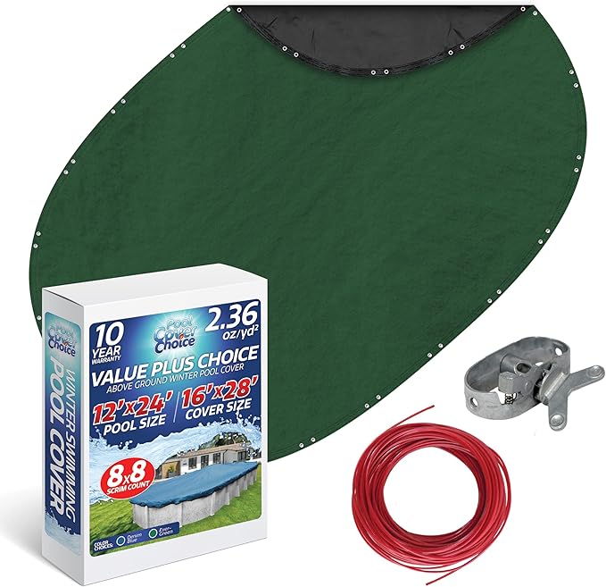 Winter Swimming Pool Cover for 12 ft x 24 ft Aboveground Oval Pool Size, Value Plus Choice Series, Solid Material, Color - Evergreen, Pool Cover Choice 321224-4CHOICE