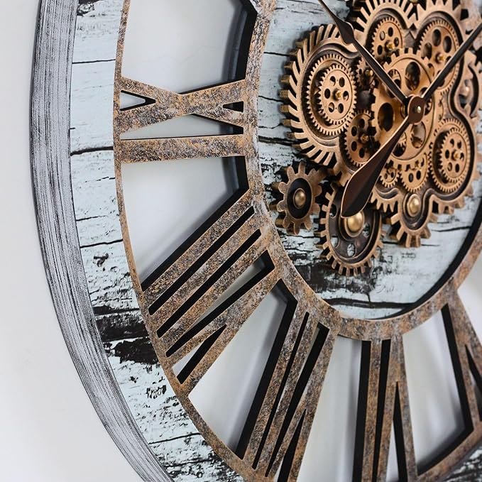The Gears Clock 36'' Inch Real Moving Gear Wall Clock Vintage Industrial Oversized Rustic Farmhouse (Vintage Grey and White)