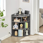 Vecelo Corner Cabinet with Charging Station, 3-Tier Cube Storage Organizer with USB Ports and Outlets, Triangle Bookcases with 8 Cubbies for Playroom, Bedroom, Living Room, Grey