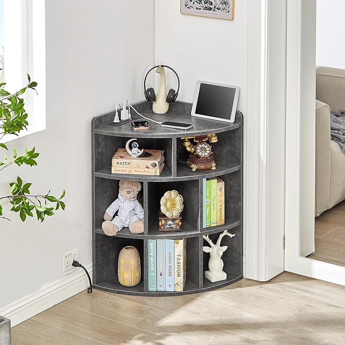 Vecelo Corner Cabinet with Charging Station, 3-Tier Cube Storage Organizer with USB Ports and Outlets, Triangle Bookcases with 8 Cubbies for Playroom, Bedroom, Living Room, Grey