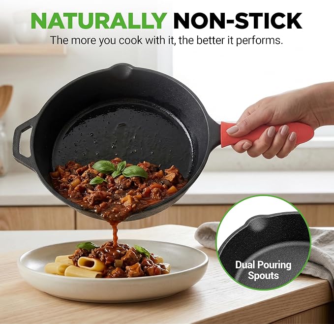 NutriChef 12-Inch Cast Iron Skillet w/Lid - Pre-Seasoned, Oven Safe, Nonstick, Cool-Touch Silicone Handle, For All Cooktops - NCCI12