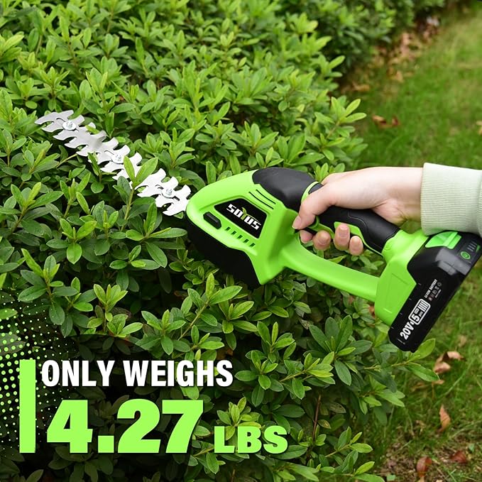 SOYUS Hedge Trimmer Cordless, 2-in-1 Handheld Hedge Trimmers, 20V Electric Grass Shear & Shrubbery Trimmer, Battery Operated Grass Cutter for Garden/Lawn with Charger and Battery