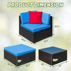 Greesum 3 Piece Patio Conversation Set Wicker Rattan Furniture Outdoor Sofa with Cushions,Pillows and Glass Table for Porch,Lawn and Yard, Blue