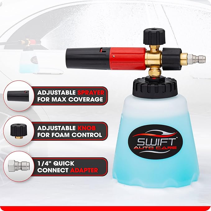 Swift Premium Foam Cannon for Pressure Washer – Heavy Duty Foam Sprayer for Car Wash | ¼ Inch Quick Connector | Adjustable Wide Mouth for Extra Thick Snow Foam | Holds 1 Liter of Soap!