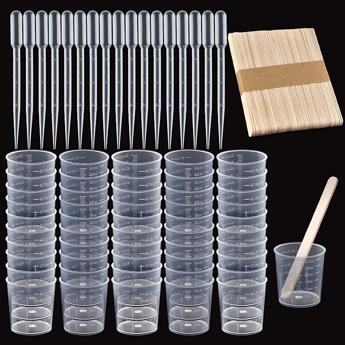 Coopay Plastic Graduated Cups Tools - 50 Pack 30ml/1oz Transparent Scale Measuring Cups, 50 Pack Wooden Stirring Sticks and 3ml Transfer Pipettes for Resin, Epoxy, Stain, Mixing Paint