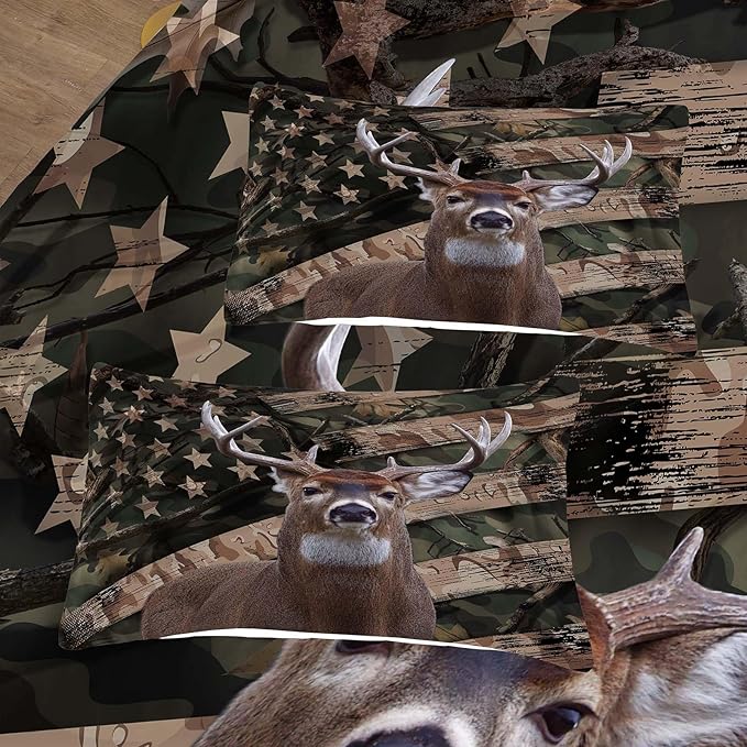 NINENINE Camo Deer Comforter Sets Twin Size,American Flag Wildlife Forest Bedding for Boys Adult Teens,Western Theme Hunted Animal Comforter Sets with 1 Comforter 1 Pillowcase…