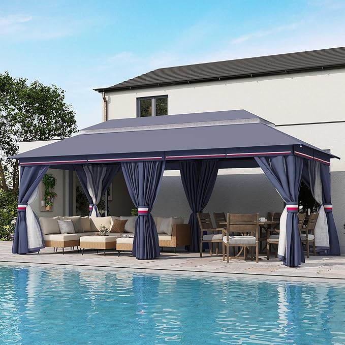 LAUSAINT HOME Outdoor Patio Gazebo 10'x20' with Expansion Bolts, Heavy Duty Party Tent & Shelter with Double Roofs, Mosquito Nettings and Privacy Screens for Backyard, Garden, Lawn, Elegant Navy Blue