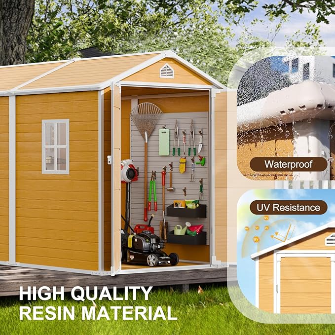 8x6 FT Resin Storage Shed, Waterproof Outdoor Shed w/Floor Included, 2 Windows, Double Lockable Doors & Vents,Outside Plastic Tool Sheds for Garden, Lawn, Backyard, Wood-Grain Brown
