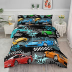 Axolotl Car Comforter Set Full Size,Cool Speed Race Car Comforter for Kids Boys Girls Teens Bedroom,Extreme Sport Quilt Duvet 1 Comforter 2 Pillowcase Car Racing Gifts,Blue Red Orange