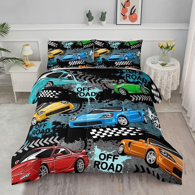 Axolotl Car Comforter Set Queen Size,Cool Speed Race Car Comforter for Kids Boys Girls Teens Bedroom,Extreme Sport Quilt Duvet 1 Comforter 2 Pillowcase Car Racing Gifts,Blue Red Orange