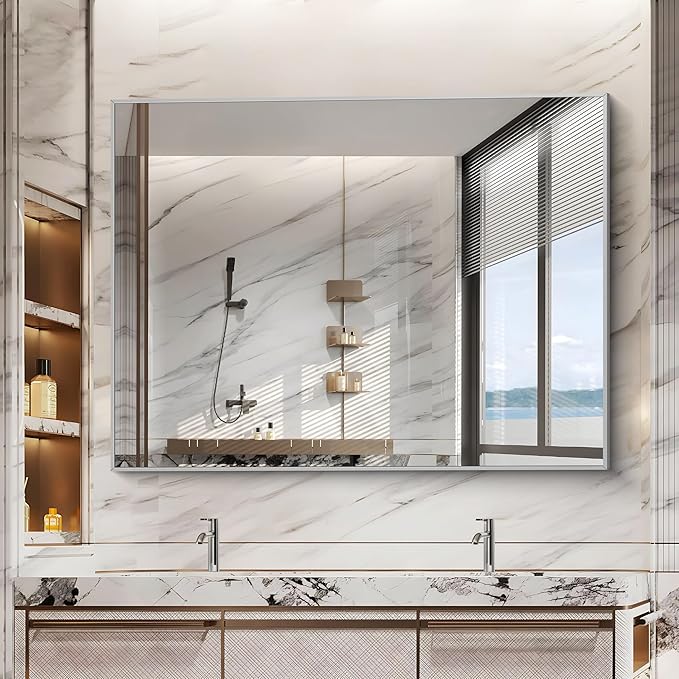Silver Bathroom Mirror, 48"X36" Rectangle Mirrors for Wall Metal Frame, Bathroom Rectangular Mirror Modern Wall Mirror for Bedroom Living Room, Hangs Horizontal or Vertical