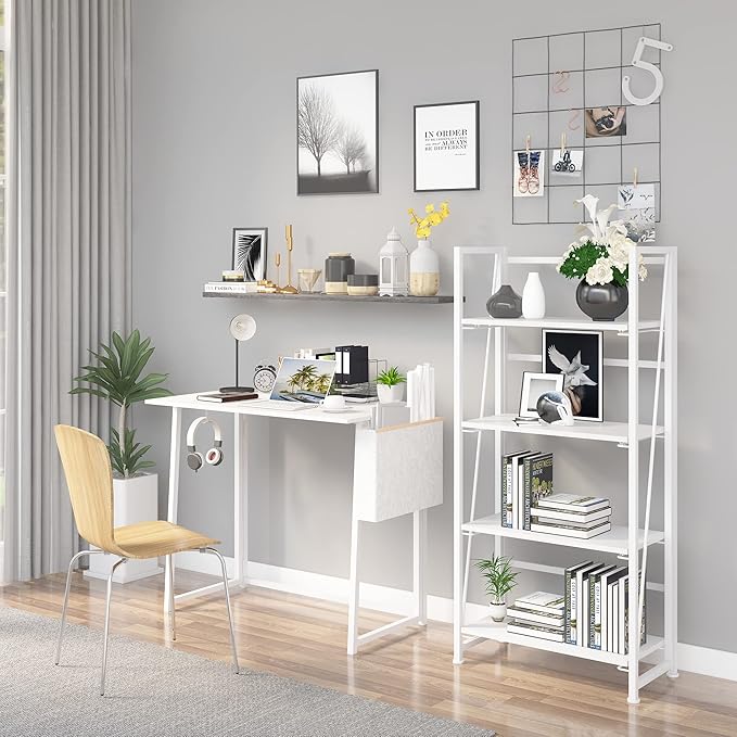 No-Assembly Folding Bookshelf Storage Shelves 4 Tiers Vintage Multifunctional Plant Flower Stand Storage Rack Shelves Bookcase for Home Office (All White)