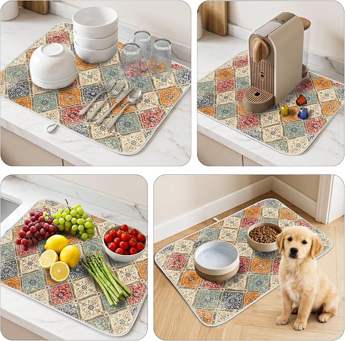 Bohemian Vintage Dish Drying Mat for Kitchen Counter Coffee Bar 18x24 in | Decorative Non Slip Absorbent Kitchen Dishes Drainer Mat, with Anti-slip Rubber Backing & Hanging Loop, for Sink, Home Gift