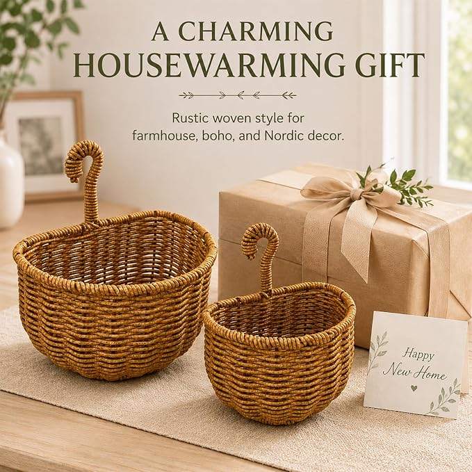2 Pack Hanging Wall Storage Basket, Woven Rattan Organizer，COFFEE BROWN | Rustic Hand woven wall organizer with hook for kitchen, bathroom and entryway storage, Space-saving decor for modern homes