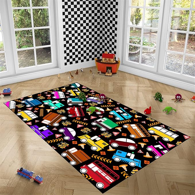 Car Rug Play Mat Kids Rugs for Playroom Car Rug for Boys Room Kids Mat Construction Play Mat Car Play Rug Car Carpet for Kids Carpet for Bedroom Truck Rugs for Boys Room,Black 5'×7'