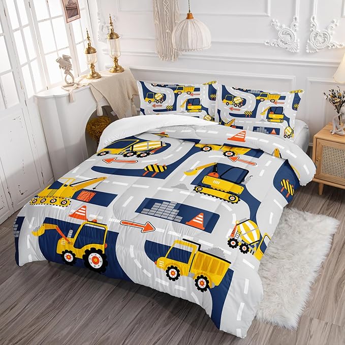 Axolotl Cartoon Excavator Bedding Set Queen,Tractor Truck Bedding Set,Boys Construction Bedding Set,Yellow Vehicles Truck Comforter Construction Site Decor for Kids Boys Teens,1 Quilt 2 Pillowcases