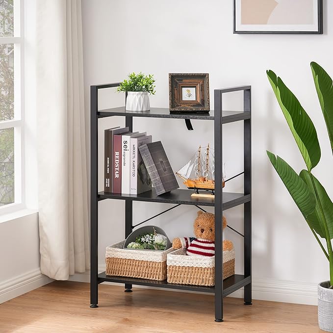 BEWISHOME 3 Tier Bookshelf, Modern Small Book Shelf for Small Spaces, Black Wooden Shelves for Bedroom Living Room and Home Office, 13.78" D x 24.12" W x 37.09" H, JCJ42B