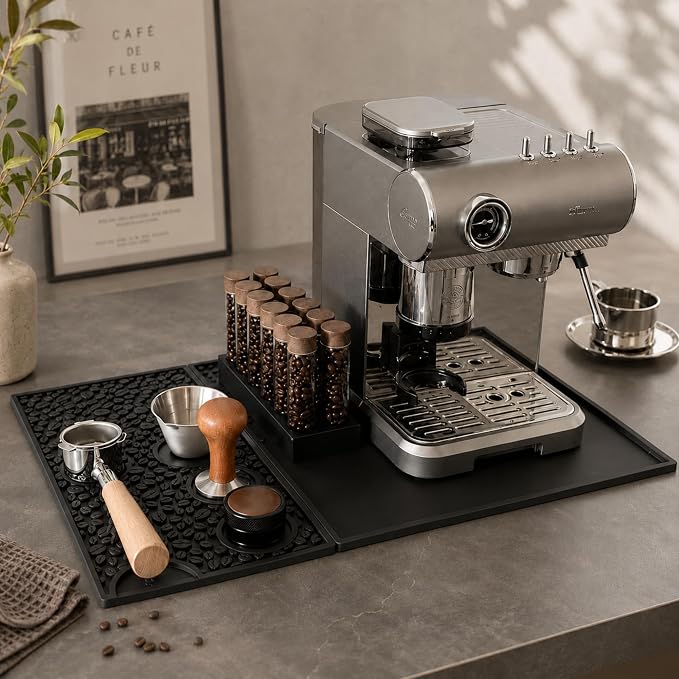 Coffee Bar Mats for Countertop, 23.6x15.7in Silicone Dish Drying Mat | Black Silicone, Home Bar Counter, 2-Zone Dish Mat Drying Kitchen Mat, 4 Tool Slots, Bartender Accessories
