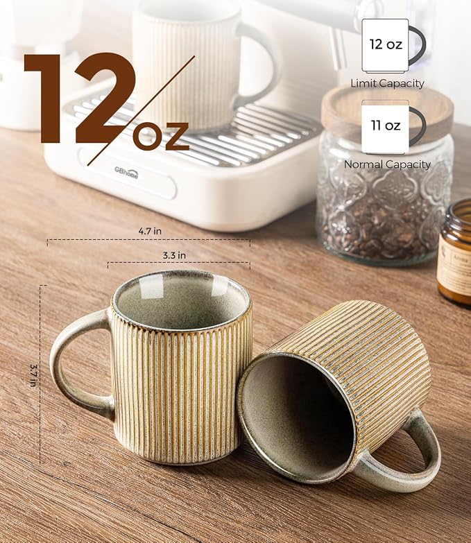 GBhome 12 oz Handmade Stoneware Coffee Mugs Set of 6 with Handles | Coffee Cups for Latte, Tea, Cocoa & Milk, Ideal for Daily Use&Gifts, Microwave & Dishwasher Safe, Desert Sage
